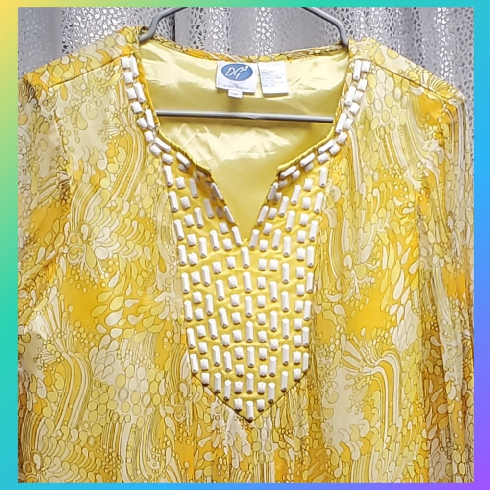 Honeysuckle Yellow Paisley Blouse White Beaded Neckline - Picture 6 of 12